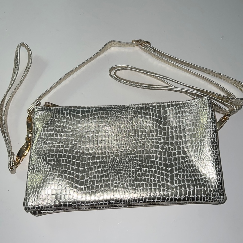 Silver Crocodile-Embossed Crossbody Bag